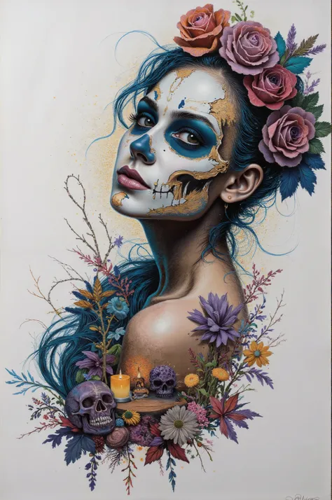 Create a pointillism painting art of a woman's face half skeleton and half skin with dynamic aside relax pose . that has things from the Day of the Dead in the background and I have a phrase about something related to that.
