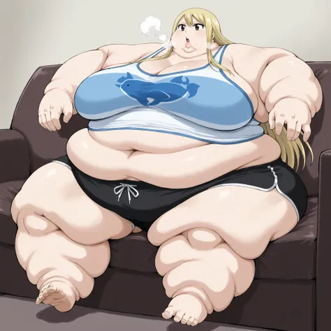 lucy heartfilia, long hair, blonde hair, large breasts, brown eyes, tank top, midriff, dolphin shorts, sitting on couch, fat, chubby, obese, fat neck, multiple chins, big breasts open mouth, out of breath, Larger female, full body shot, only head, large he...