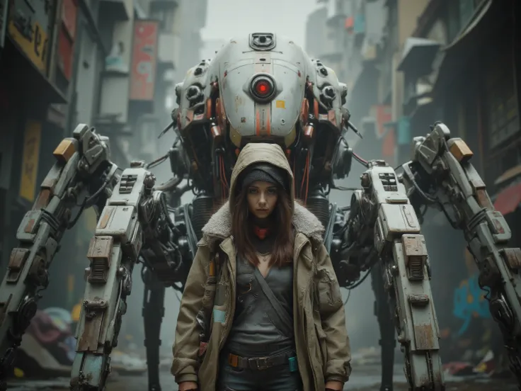 In a dystopian urban setting, a woman stands face-to-face with a large, menacing robotic creature. The robot has an ovular, helmet-like body, predominantly white with a prominent red stripe running down the middle. Its four spindly, mechanical legs give it...