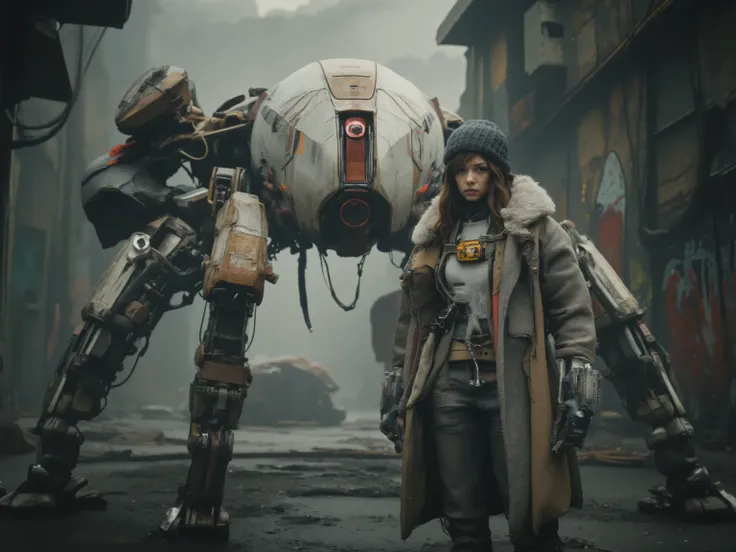 In a dystopian urban setting, a woman stands face-to-face with a large, menacing robotic creature. The robot has an ovular, helmet-like body, predominantly white with a prominent red stripe running down the middle. Its four spindly, mechanical legs give it...