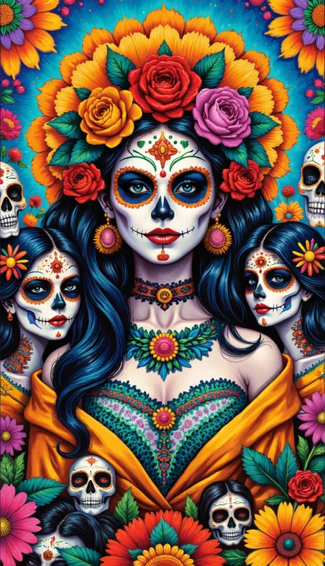 Create a pointillism digital oil painting art of a woman's face half skeleton and half skin with dynamic aside relax pose . that has things from the Day of the Dead in the background and I have a phrase about something related to that.