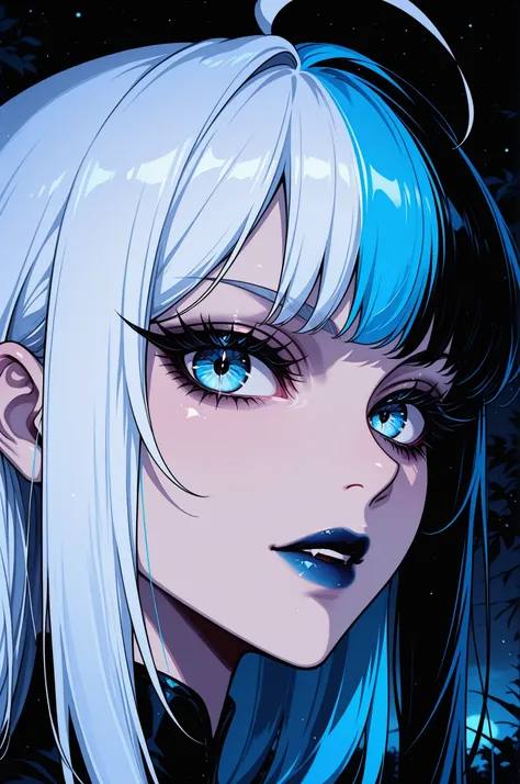 1girl, looking at viewer, close-up, face focus, split-color hair, blue hair, white hair, ahoge, long eyelashes, moonlight, partially illuminated, pale skin, dark theme, blue lipstick