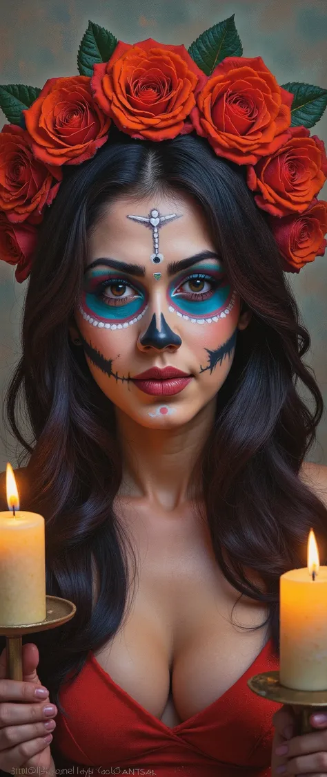 an oil painting in the style of WLOP of a woman with sugar skull paint on her face with white paint likely skeletone head bone and candles holding, in the style of realistic fantasy artwork, digital airbrushing, tanya shatseva, contrasting lights and d...