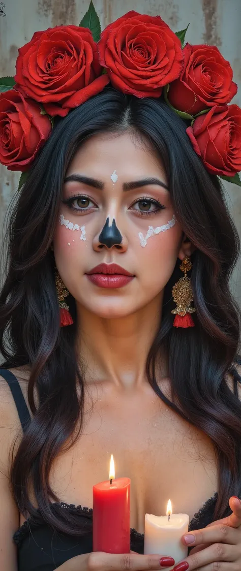 an oil painting in the style of WLOP of a woman with sugar skull paint on her face with white paint likely skeletone head bone and candles holding, in the style of realistic fantasy artwork, digital airbrushing, tanya shatseva, contrasting lights and d...