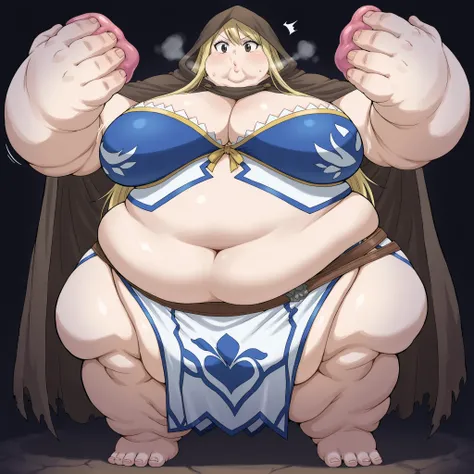 lucy heartfilia, long hair, blonde hair, large breasts, brown eyes, Wearing worn down rags, wearing a cloak, cloak over head, hood over head, trying to hide, big breasts, out of breath, Larger female, big belly, belly overhang, full body shot, only head, l...