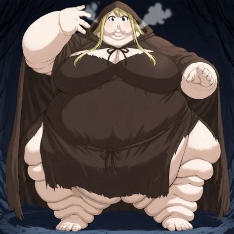 lucy heartfilia, long hair, blonde hair, large breasts, brown eyes, Wearing worn down rags, wearing a cloak, cloak over head, hood over head, trying to hide, big breasts, out of breath, Larger female, big belly, belly overhang, full body shot, only head, l...