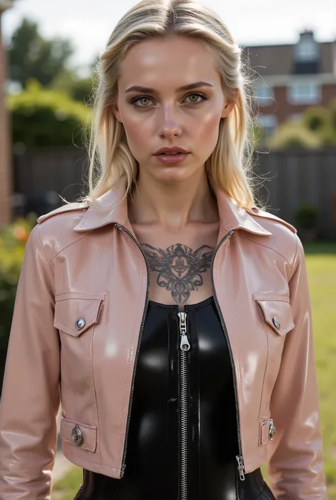 A beautiful 20 year old woman wears a short cropped pale pink patent leather biker jacket with buckled straps over a shiny black latex body suit with a silver zipper at crotch. Elaborate tattoo on her neck. She is standing in a suburban back garden on a su...