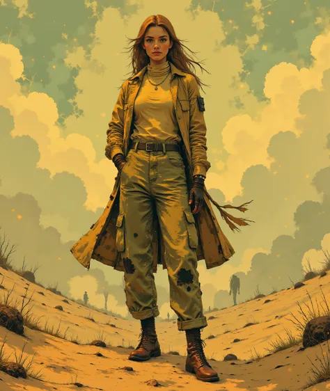 sketch, Surrealism, BRIGHT, airy unrealistically clear, Art Deco,  contrasting , Sand, turtleneck with patches, baggy old jacket,  wide pants with patch pockets, flying , ornate, потертые post-apocalypse одежды, the, patches, woman with long blond hair, fu...