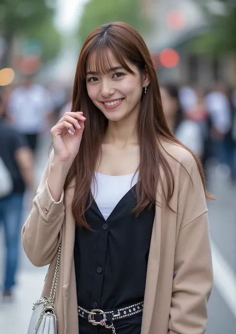 Masterpiece Casual Cosplay Moments, Amazing Model of a Street Walking Character Outfit, Perfect Body Composition, Professional Street Lighting, Sharp Outfit Details, Friendly 3:Four Framing、beautiful face、smiles dazzling、cleavage