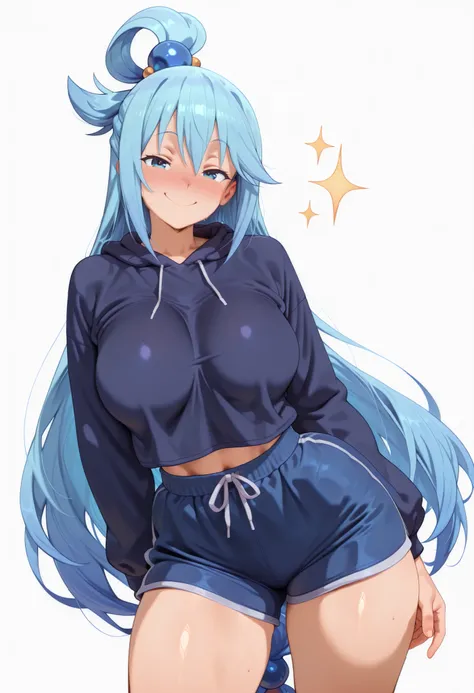 masterpiece, best quality, amazing quality, 1girl, solo, aqua \(konosuba\), long hair, blue eyes, hair ornament, very long hair, blue hair, hair rings, single hair ring, hair bobbles,, arms at behind, looking at viewer, contrapposto, large breasts, thick t...