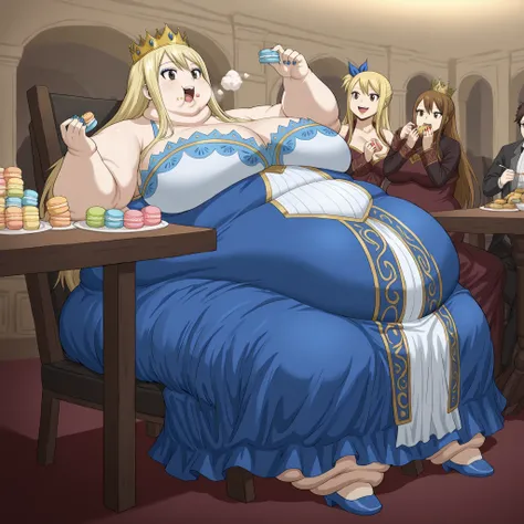lucy heartfilia, long hair, blonde hair, large breasts, brown eyes, smile, royalty, dress, crown, makeup, lipstick, painted nails, fat, chubby, obese, fat neck, multiple chins, big breasts open mouth, out of breath, Larger female, full body shot, sitting o...