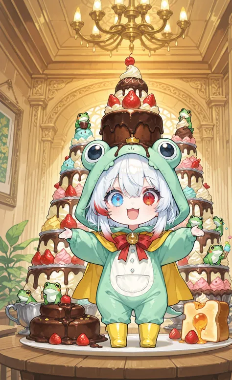 masterpiece, best quality, ultra-detailed, whimsical watercolor illustration, chibi style, 1girl, solo, pure white hair with soft gradient red tips, heterochromia crimson red right eye:1.3 and ice blue left eye:1.3, fair skin, wearing bright green frog one...