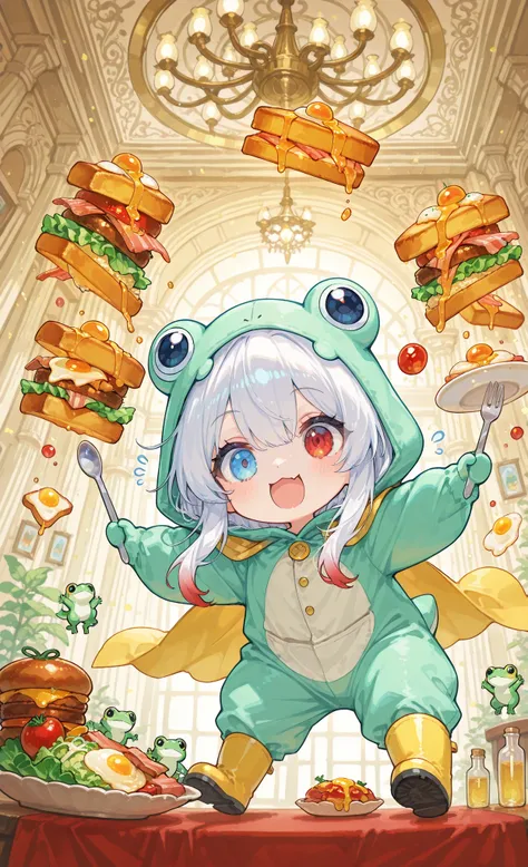 masterpiece, best quality, ultra-detailed, whimsical illustration, dynamic composition, chibi style, 1girl, solo, pure white hair with soft gradient red tips, heterochromia crimson red right eye:1.3 and ice blue left eye:1.3, fair skin, wearing bright gree...
