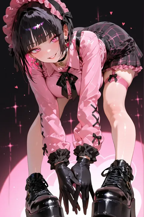 Cute girl,ladyshadow,low angle,1adult woman,solo,beautiful black hair(pink inner color),straight short cut hair(princess cut),slightly larger breasts,wide hips,pink eyes,clothes based on black and pink(Gothic Lolita Style ,pink collared shirt,Black ribbon ...