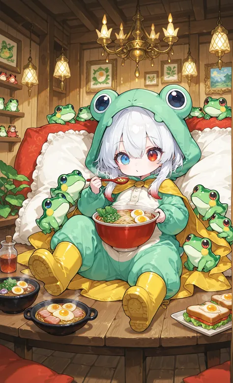 masterpiece, best quality, ultra-detailed, whimsical illustration, surreal sandwich bed at lavish banquet, chibi style, 1girl, solo, pure white hair with soft gradient red tips, heterochromia crimson red right eye:1.3 and ice blue left eye:1.3, fair skin, ...