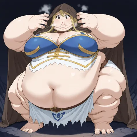 lucy heartfilia, long hair, blonde hair, large breasts, brown eyes, Wearing worn down rags, wearing a cloak, cloak over head, hood over head, trying to hide, big breasts, out of breath, Larger female, big belly, belly overhang, full body shot, only head, l...