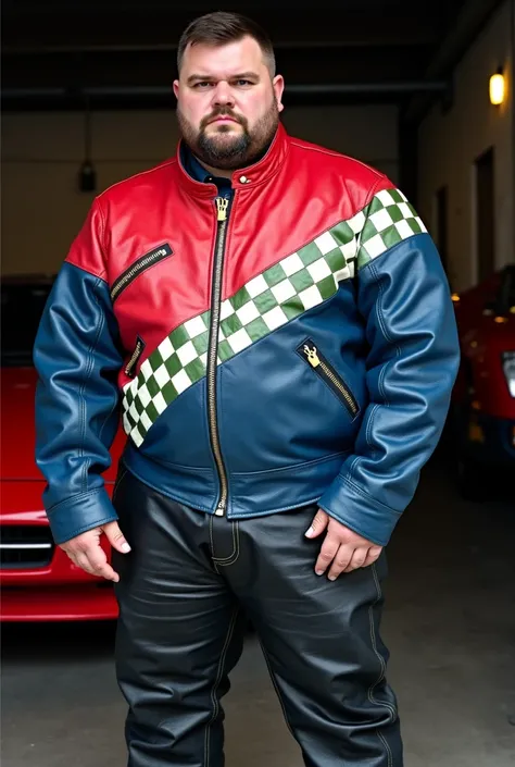 Blue and Red Vintage Cafe Racer Motorcycle Jacket with Checker Stripe