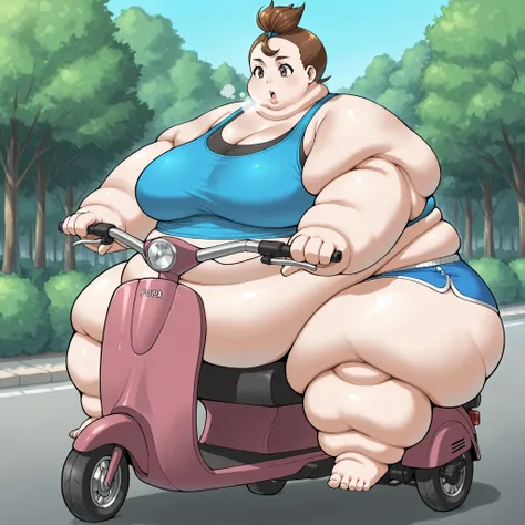 1girl, verity, very short hair, top knot, brown eyes, tank top, midriff, dolphin shorts, sitting on mobility scooter, using mobility scooter, fat, chubby, obese, fat neck, multiple chins, big breasts open mouth, out of breath, Larger female, full body shot...