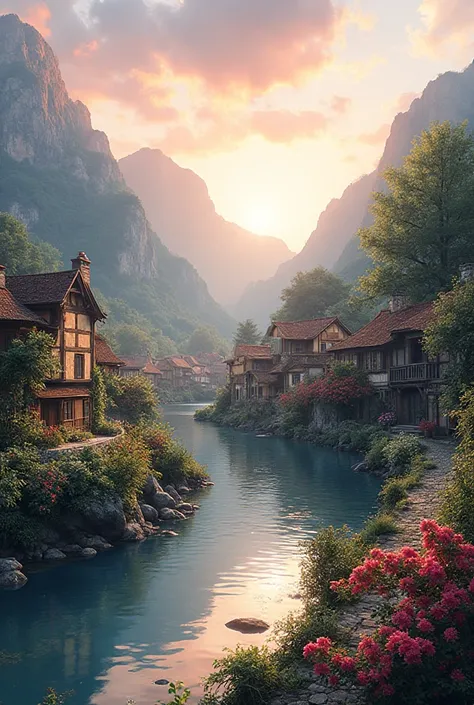 A small village by the river, montanhas ao fundo, flores coloridas, paisagem detalhada, beautiful natural scenery, atmospheric lighting,  scorching sunset , cores quentes, practical, photographic, folhagem detalhada, complex buildings , cobblestone street,...