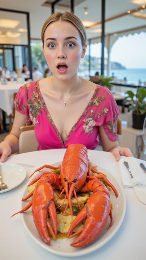 high-definition images、Seaside Mediterranean Restaurant、Large Lobster Placed on a Plate on a White Tablecloth Seat、Surprising Girl in a Pink Dress、