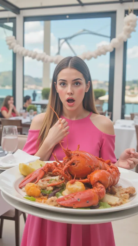 high-definition images、Seaside Mediterranean Restaurant、Large Lobster Placed on a Plate on a White Tablecloth Seat、Surprising Girl in a Pink Dress、