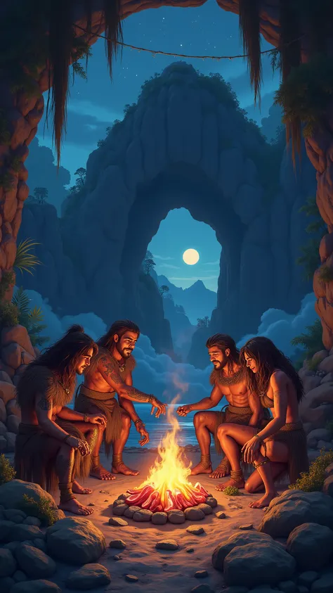 high-definition images、anime、BC１10,000 years 、Primitive humans who cooked mammoth meat on a bonfire、 in front of the cave 、