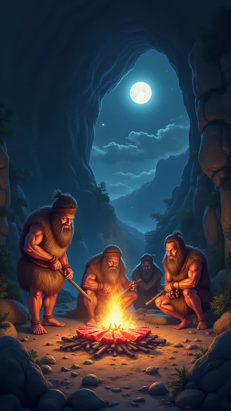 high-definition images、anime、BC１10,000 years 、Primitive humans who cooked mammoth meat on a bonfire、 in front of the cave 、