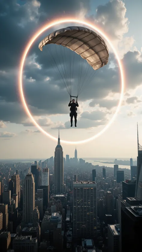 high-definition images、Mission Impossible、Ethan Hunt パラシュートで逃げ出す、when a 大きなstar gate appears over New York
