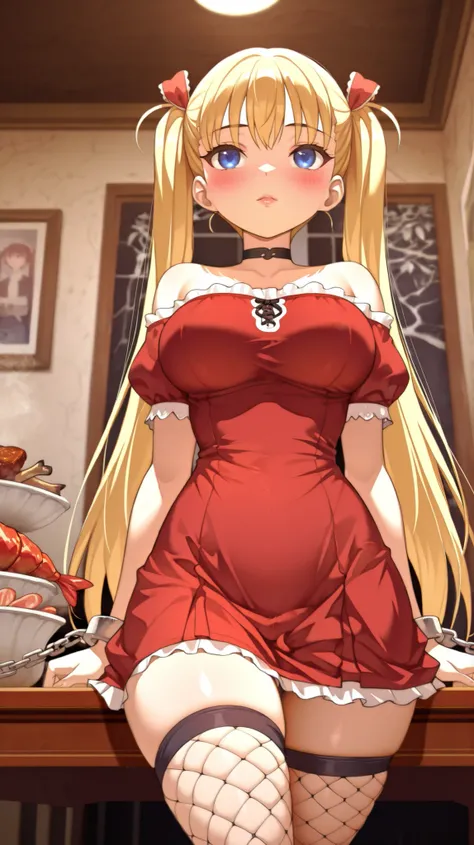 airi akizuki \(oni chichi\) a young girl in a seductive pose, wearing a off-the-shoulder dress and fishnet stockings. the image also shows a soft, a 1girl, when she sits on a chair, at the table , there are a lot of delicious dishes on the table: salads ,...