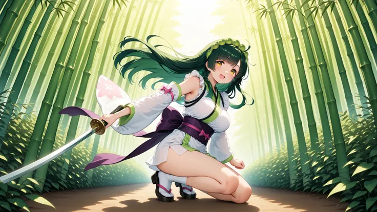 Tohoku Zunko、Holding a Japanese sword、Bamboo forest background、Traditional Outfit、AMAZING SWORD DETAILS、Dynamic Pose、  Lush Bamboo Grove  、natural light、tree々Sunlight shining through {x}、Artistic composition、Deep Shadow、clear texture 、high definition、maste...