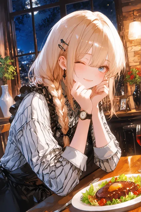 最High Quality, masterpiece, Manga-Style Production, 、anatomically accurate、、Super Detailed,High fines,Acetate Rendering,High Quality、,Acetate Core _9、Acetate Core _8_up、Acetate Core _7_up、最High Quality、、1 woman(Wearing long blond hair、Braided Hair、blue ey...