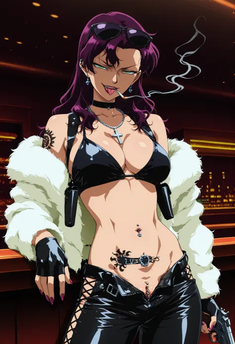 Ikumi Souda,purple hair,long hair,lipstick,green eyes, medium breasts,
, ,nail polish, ear piercing, long hair, , lipstick,Hot girl, baddie, smoking, sensual, attractive cross necklace, choker , jewelry, earrings, bar background, inside bar ,indoors, , cas...