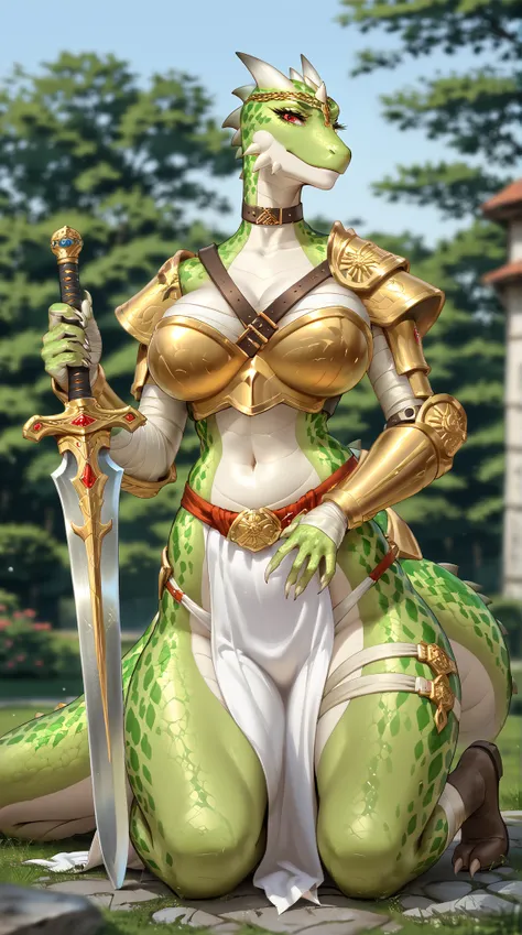 planted-sword,giga_busty, female lizard warrior , , big boobs, anime, anime style, Highest Quality, 解剖学的にcorrect, correct, 超high definition, 8k, high definition,ギガbig boobs ,Tail, first-person view,, Reptiles , Golden Iron Breastplate,thick eyelashes, ...
