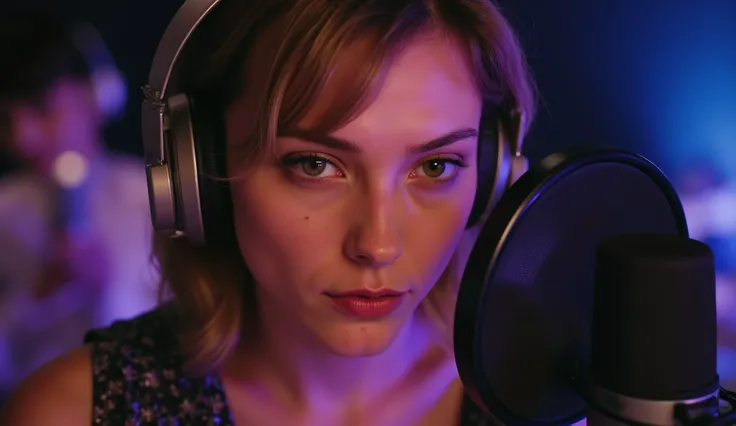 (((A rich girl black hair with blonde highlights with phtalo green eye))) (attractive young woman:1.3), (sweet & shy), (Thick lips:0 . 9), singing passionately into a studio microphone, wearing studio headphones. Modern music studio background, ((Music Stu...