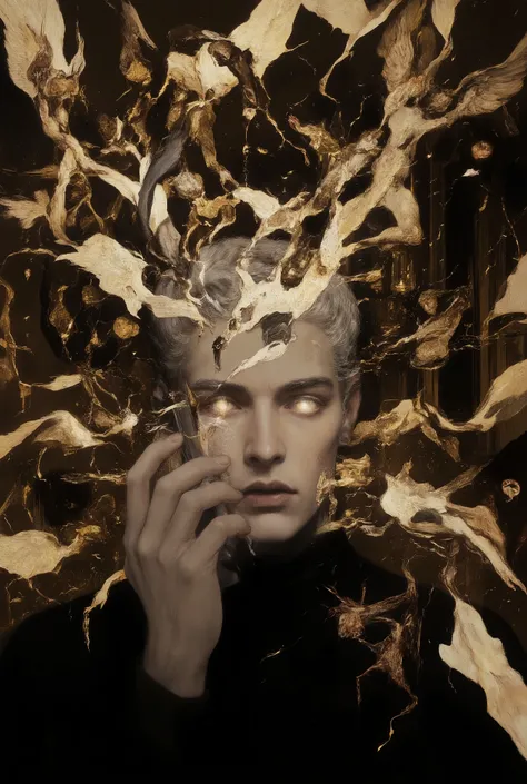 Dark fantasy illustration. Medium shot. A handsome 30-year-old man with aquiline features, blue eyes, and close-cut silver hair, desperately trying to call his girlfriend on his phone, surrounded by angels and devils running amok. Close-up. Inspired by th...