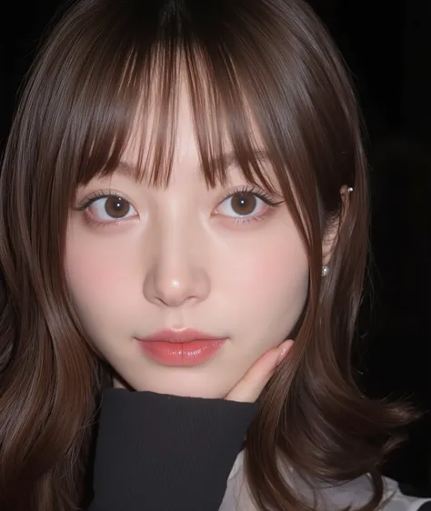 The image is a close-up photograph of a young Asian woman with a fair complexion. Her face dominates the frame, occupying the majority of the image, with her eyes, nose, and lips prominently visible. She has large, almond-shaped eyes with long, thick eyela...