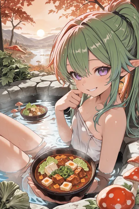 748cmstyle, Cute, (masterpiece, best quality, ultra detailed, cinematic lighting, fantasy realism style),
a beautiful woman relaxing in a red-orange hot spring that looks like a spicy soup,
long green hair flowing on the water, half-closed purple eyes, (sm...