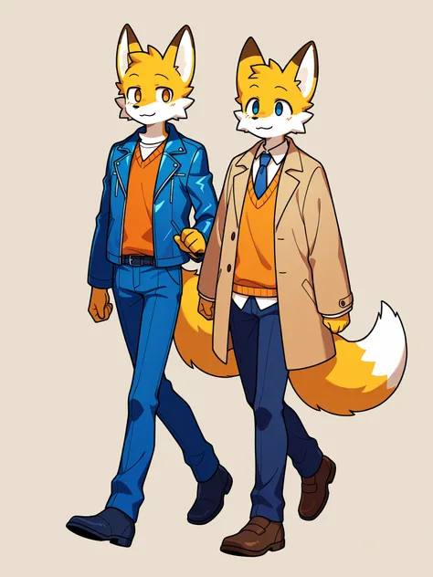 a fox walking in the park in the morning wearing a blue leather jacket, an orange sweater vest under the jacket and a white shirt with a blue tie under the sweater vest, and blue pants, brown coat:1, Simple Background, happy expression, 