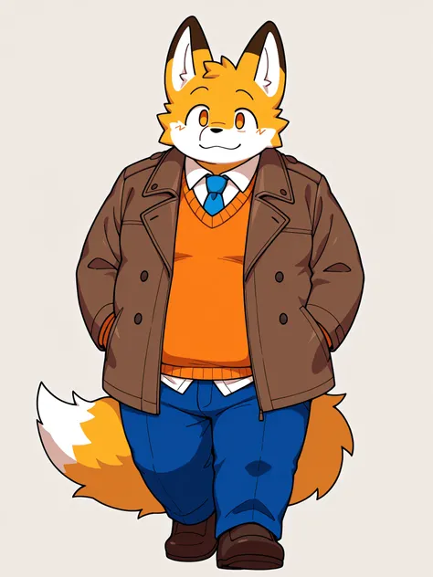 a fox walking in the park in the morning wearing a blue leather jacket, an orange sweater vest under the jacket and a white shirt with a blue tie under the sweater vest, and blue pants, fat nose, brown coat:1, Simple Background, happy expression, 