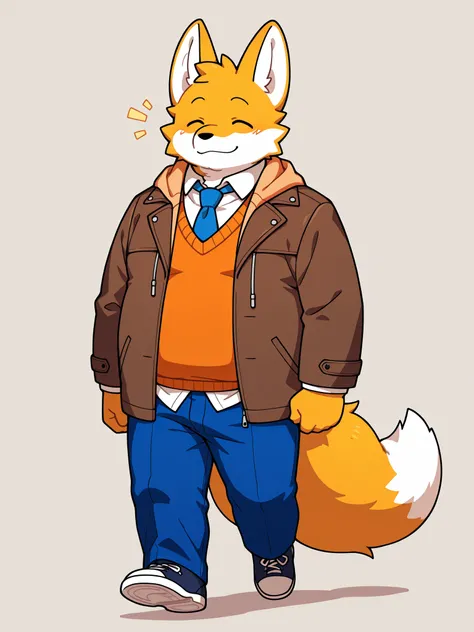 a fox walking in the park in the morning wearing a blue leather jacket, an orange sweater vest under the jacket and a white shirt with a blue tie under the sweater vest, and blue pants, fat nose, brown coat:1, Simple Background, happy expression, 