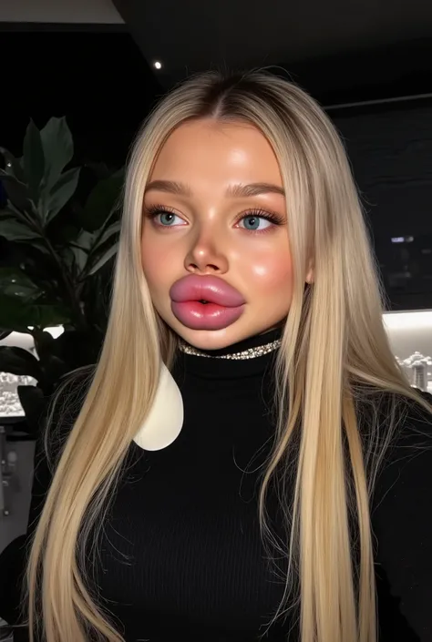 Ultra-realistic front view portrait of a super cute young woman in her 20s with platinum blonde hair with black roots. She has a puffy face and long eyelashes. Her facial features are huge fake round bimbo lips, glossy and overfilled, and she has round che...