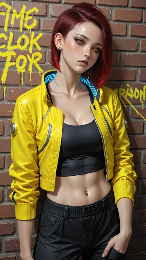 Vcyberpunk,1girl,solo,looking at viewer,navel,cleavage,jewelry,collarbone,jacket,red hair,earrings,open clothes,midriff,mole,open jacket,black crop top,orange eyes,makeup,piercing,black pants,ear piercing,colored sclera,freckles,yellow jacket,black lips,l...