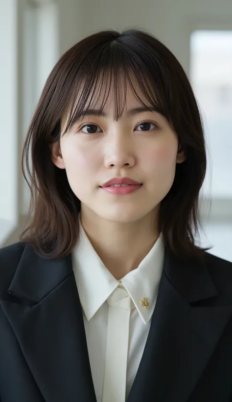 Neat Young Woman、looking at the camera、office lady suit、jacket、shirt、Ear piercings、前髪あり、、No expression、has closed its mouth、、face close-up、The background is office
