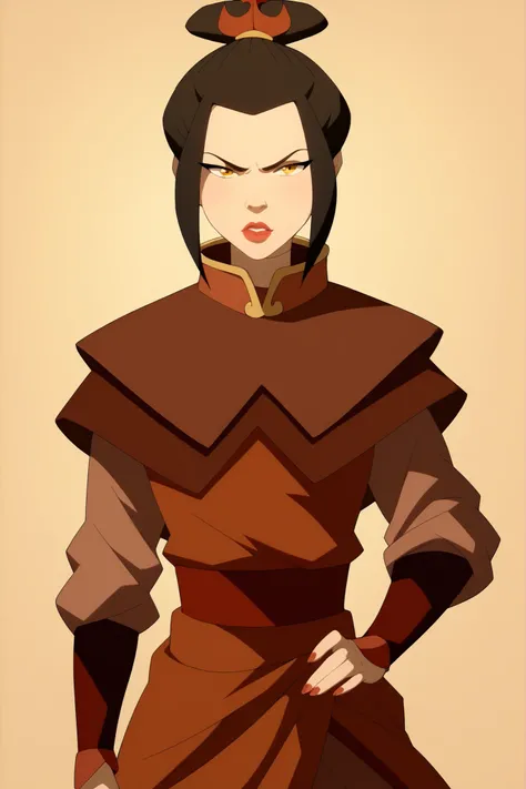 Azula from Avatar would be , golden eyes, with one hand around the waist, arrogant pose , Pretty Girl.