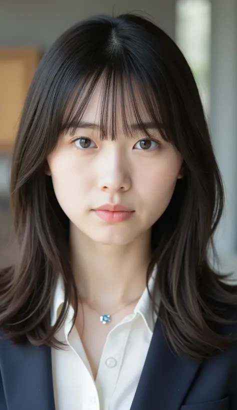 Neat Young Woman、and look at the camera、office lady suit、jacket、shirt、necklace、、ear piercing、前髪あり、No expression、has closed its mouth、顔のクローズアップ、The background is office