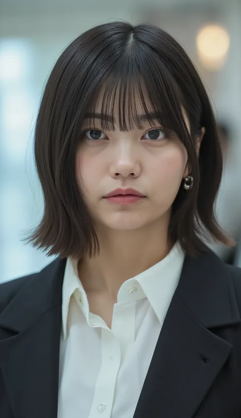 Neat Young Woman、looking at the camera、office lady suit、jacket、shirt、Ear piercings、前髪あり、hairstyle short bob、薄い茶髪、No expression、has closed its mouth、、face close-up、The background is office
