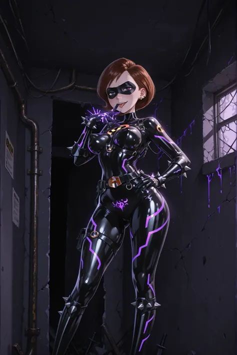 Helen Parr, Elastigirl. Brown hair. Black eye mask. Spiky piercings. Sarcastic smile. Glossy. Black costume. Leather bodysuit. Spiked accessories. Metal armor. Leather harness. Purple glowing line. Latex gloves. Cartoon body. Perky breasts. Large waist. De...