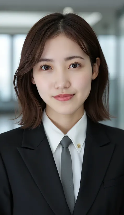 Neat Young Woman、looking at the camera、office lady suit、jacket、shirt、Ear piercings、前髪あり、、無表情、口を閉じている、face close-up、The background is office