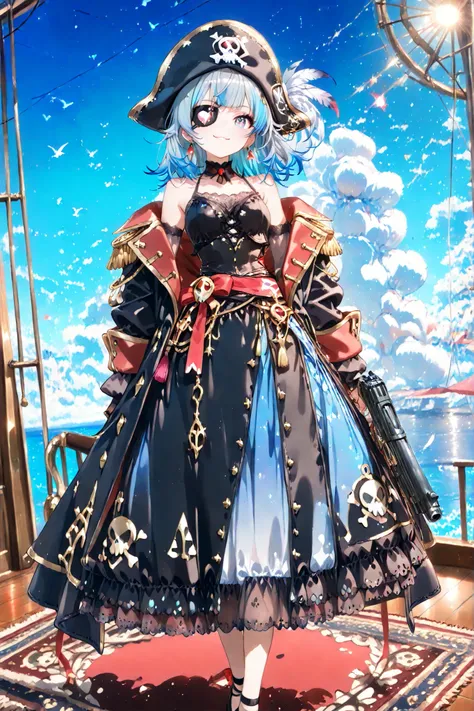 ((High Quality、masterpiece、最High Quality、very aesthetic))、((1girl))、((solo))、((cute))、((beautiful eyes、Delicate Eyes 1 .4))、blue hair, gray hair, multicolor hair、(shark、Pirate of the Shark)、shark hair accessory、On the deck of a pirate ship、 black pirate co...