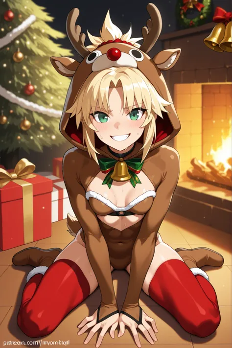 blonde hair, green eyes, high resolution image, masterpiece, the best quality, amazing quality, Mordred, 1girl, blonde hair, green eyes, toned female, small breasts, reindeer costume, animal costume, reindeer antlers, antlers, fake antlers, reindeer hood,...